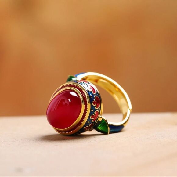 Vintage Retro Style Red Stone Resizable Ring Unique Ring - Picture 5 of 6